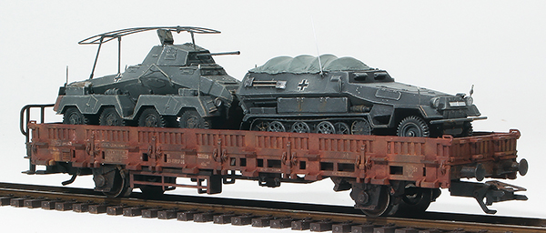REI Models 38772 - German Sdkfz 231 and Sdkfz 251 in Grey Livery loaded on a heavy 2 axle DRB flat car 